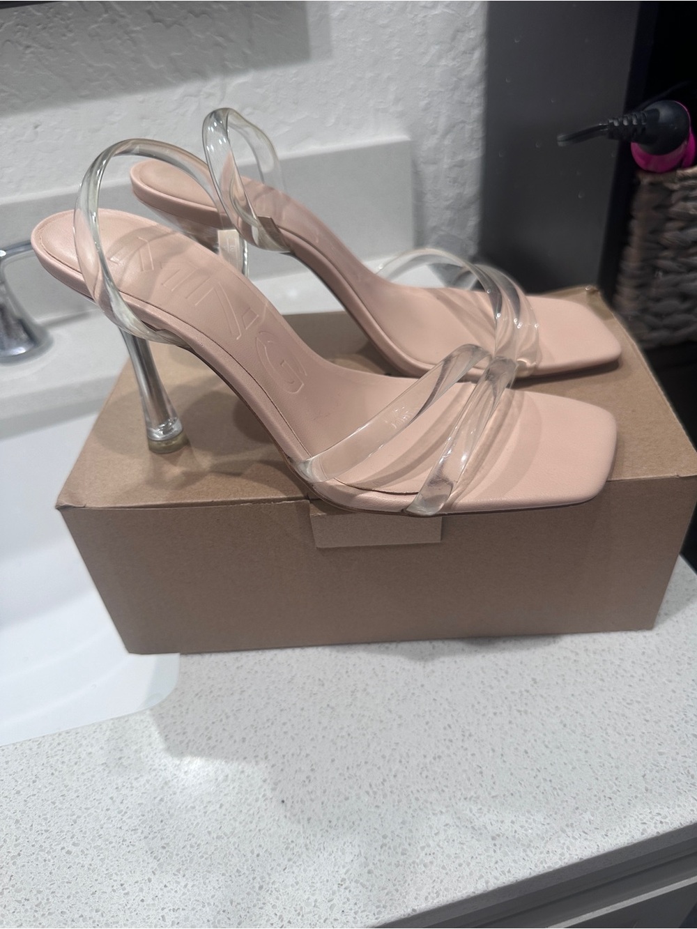 Mango Blush Nude Heeled Sandals with Clear Straps
